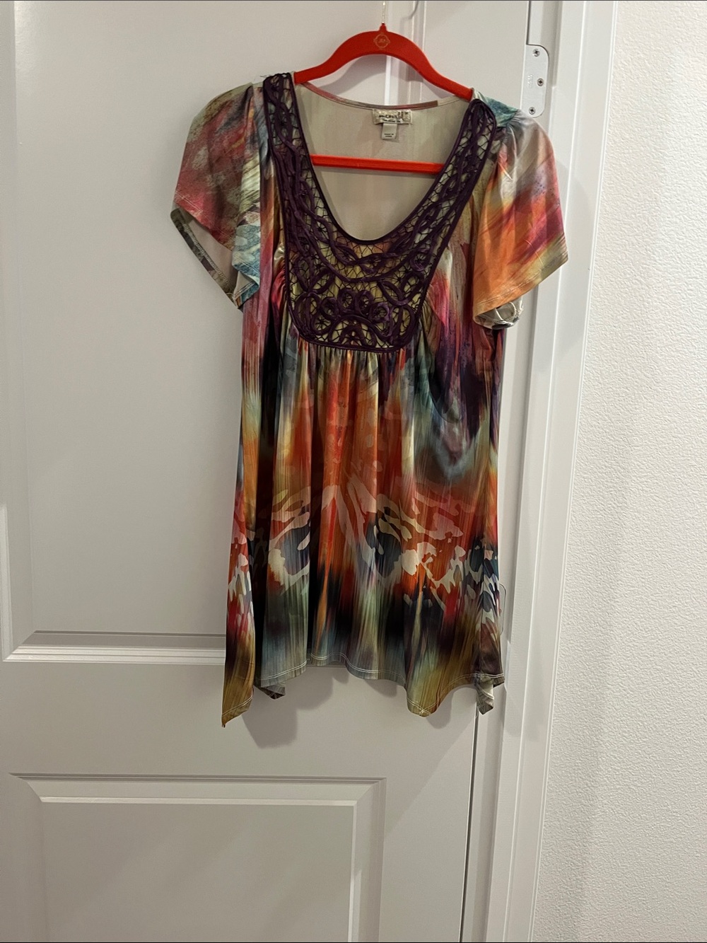 ONE WORLD Multicolor Crochet-Yoke Short Sleeve Tunic